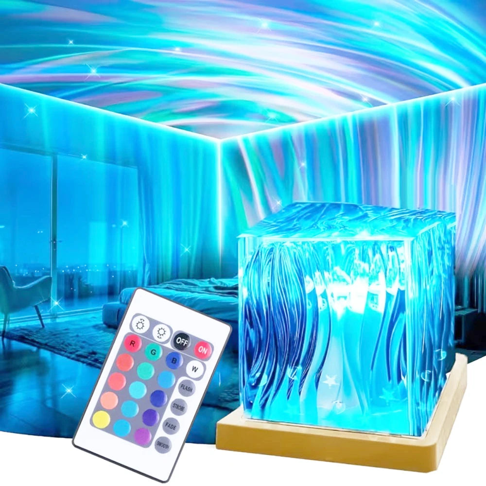 Blue water-ripple projector with remote in a glowing bedroom