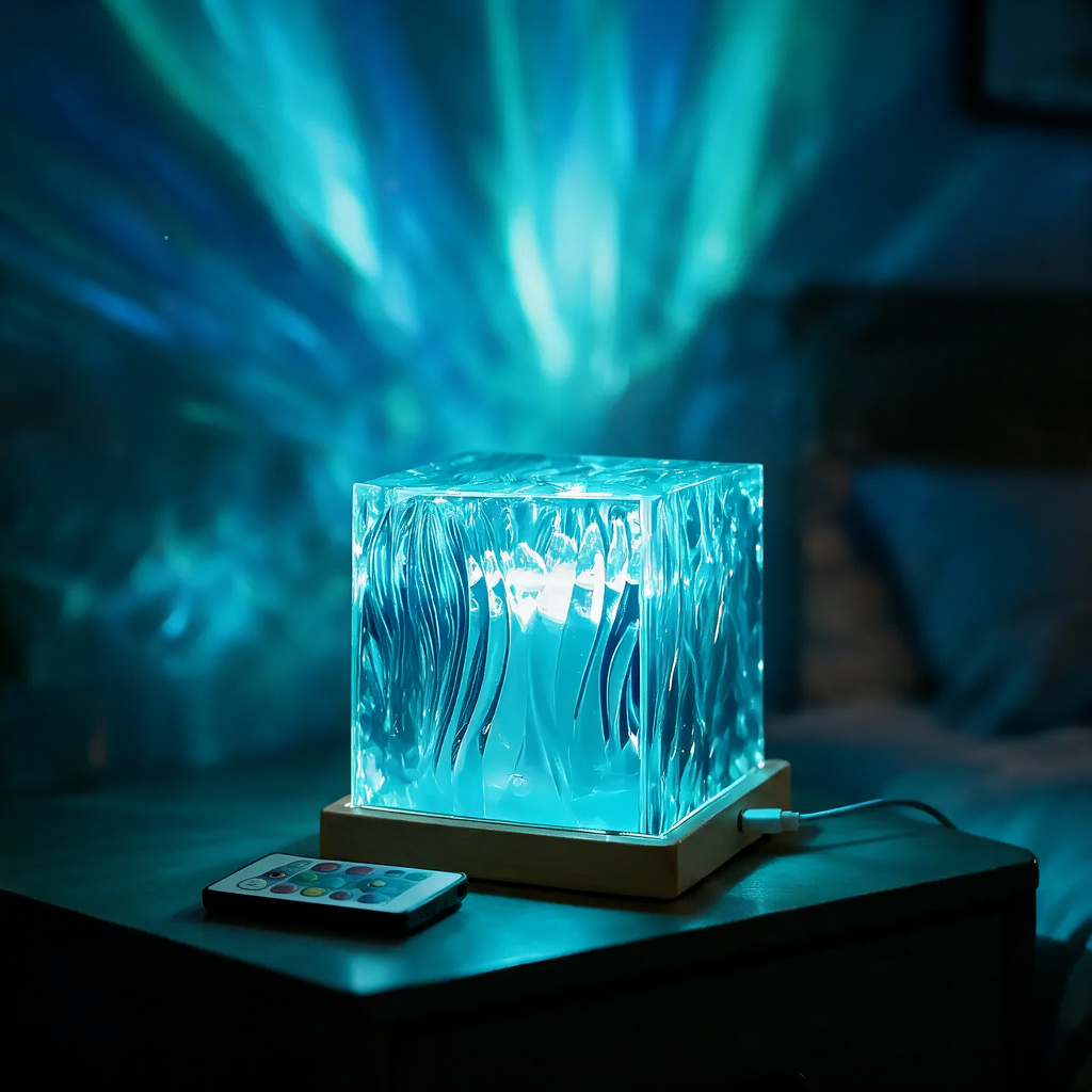 Blue cube projector with remote casting a water-ripple pattern on a dark wall