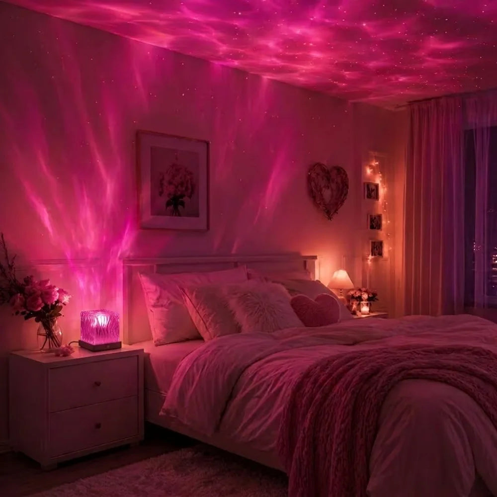 Pink water-ripple projector lighting a cozy bedroom