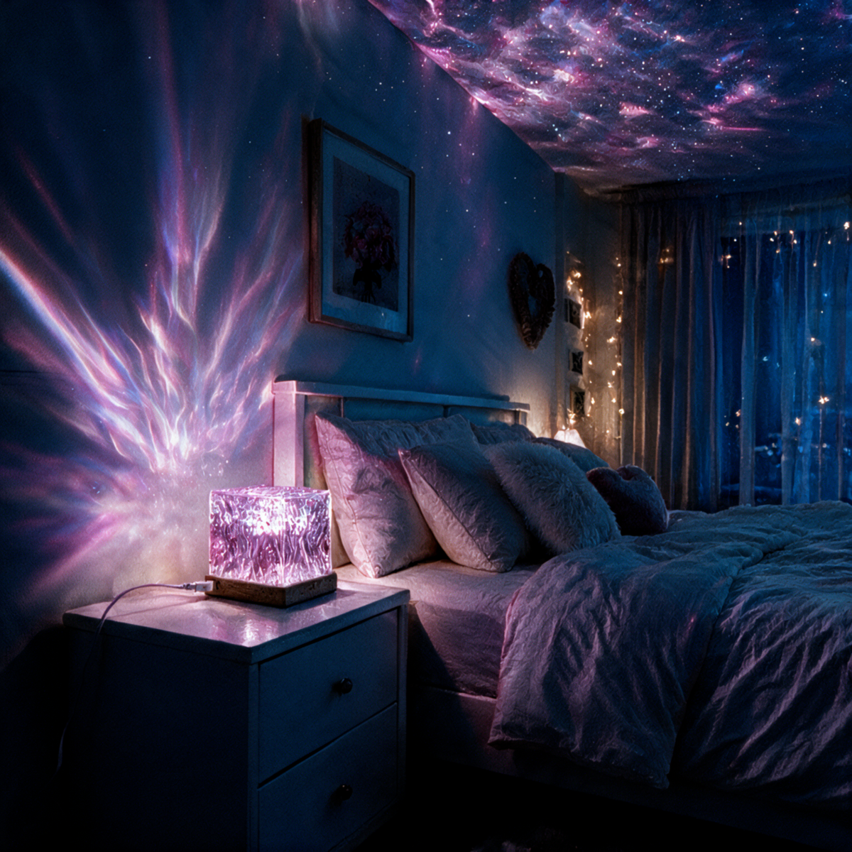 Purple water-ripple projector casting light across a bedroom wall and ceiling