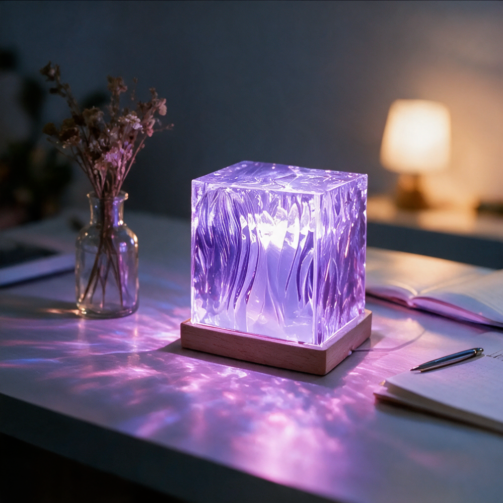 Purple water-ripple projector on a desk beside flowers and an open notebook
